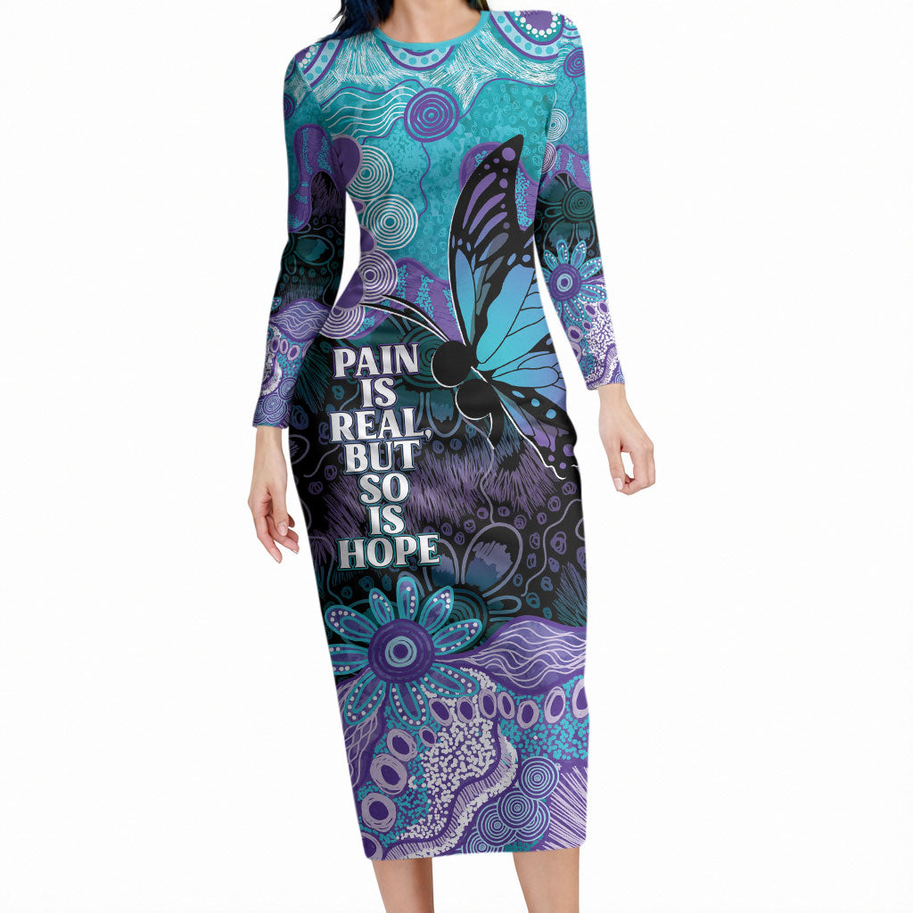 Australia Indigenous Teal Purple Contemporary Aboriginal Art Long Sleeve Bodycon Dress Hope Is Real