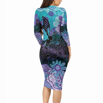 Australia Indigenous Teal Purple Contemporary Aboriginal Art Long Sleeve Bodycon Dress Hope Is Real