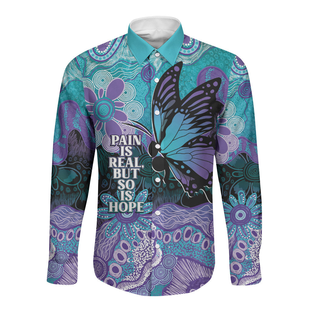 Australia Indigenous Teal Purple Contemporary Aboriginal Art Long Sleeve Button Shirt Hope Is Real