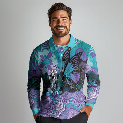 Australia Indigenous Teal Purple Contemporary Aboriginal Art Long Sleeve Polo Shirt Hope Is Real