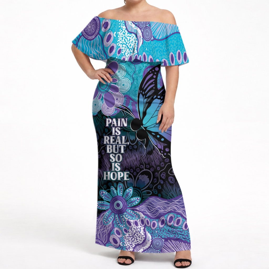 Australia Indigenous Teal Purple Contemporary Aboriginal Art Off Shoulder Maxi Dress Hope Is Real