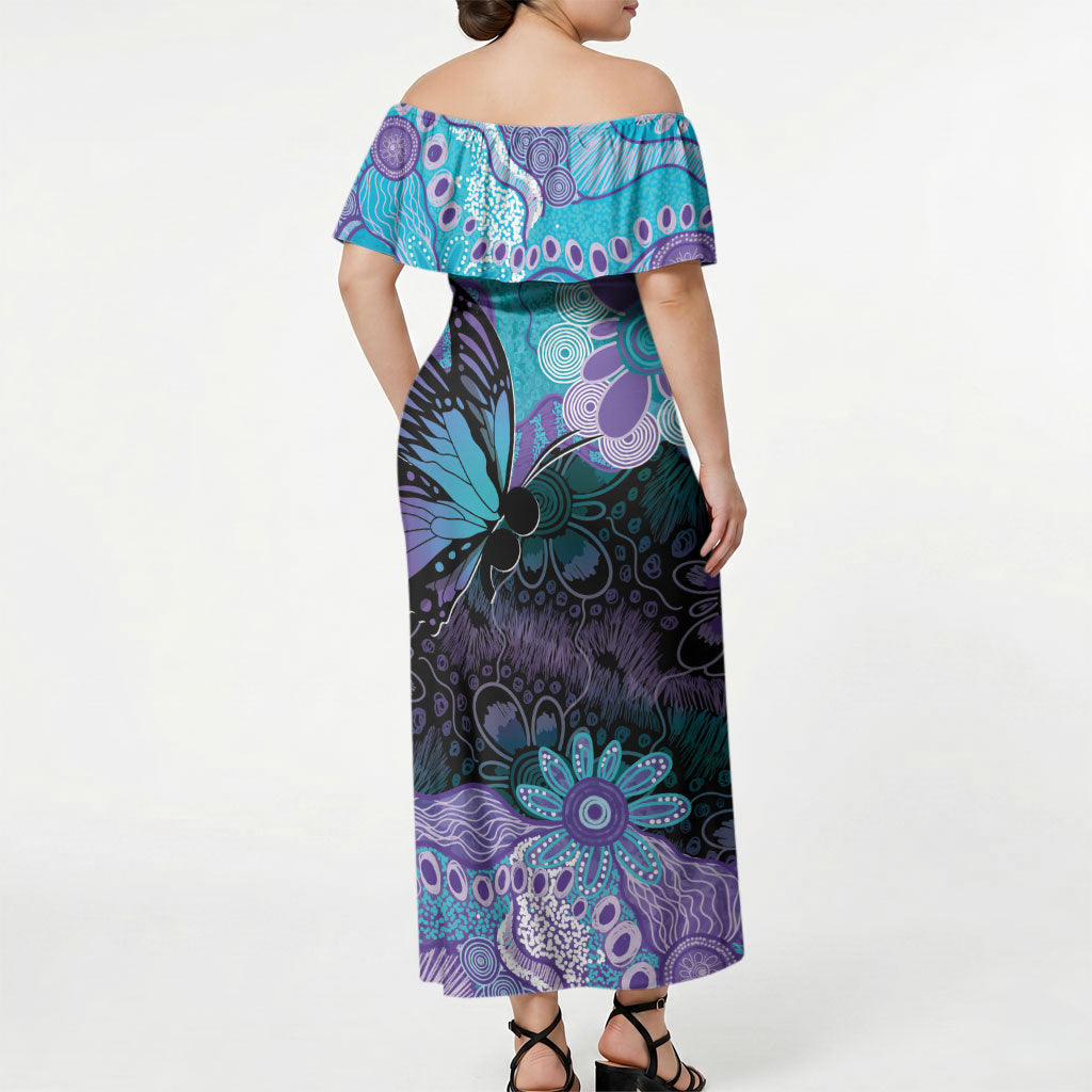 Australia Indigenous Teal Purple Contemporary Aboriginal Art Off Shoulder Maxi Dress Hope Is Real