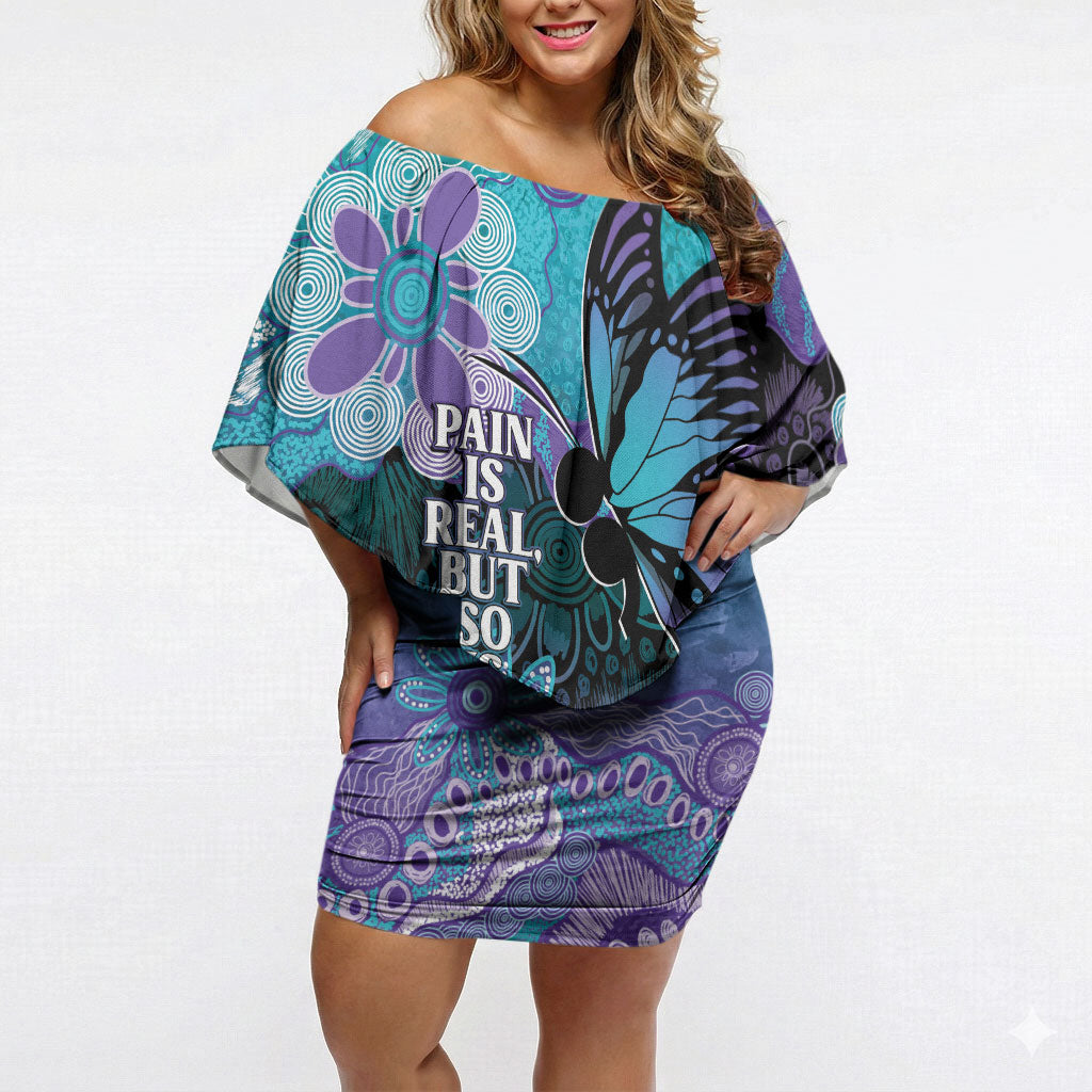 Australia Indigenous Teal Purple Contemporary Aboriginal Art Off Shoulder Short Dress Hope Is Real