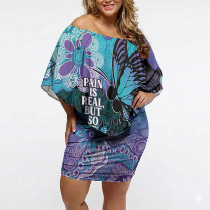 Australia Indigenous Teal Purple Contemporary Aboriginal Art Off Shoulder Short Dress Hope Is Real