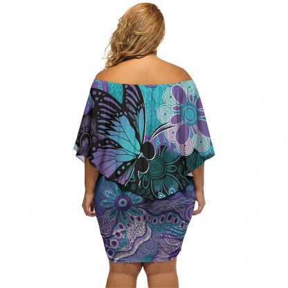 Australia Indigenous Teal Purple Contemporary Aboriginal Art Off Shoulder Short Dress Hope Is Real