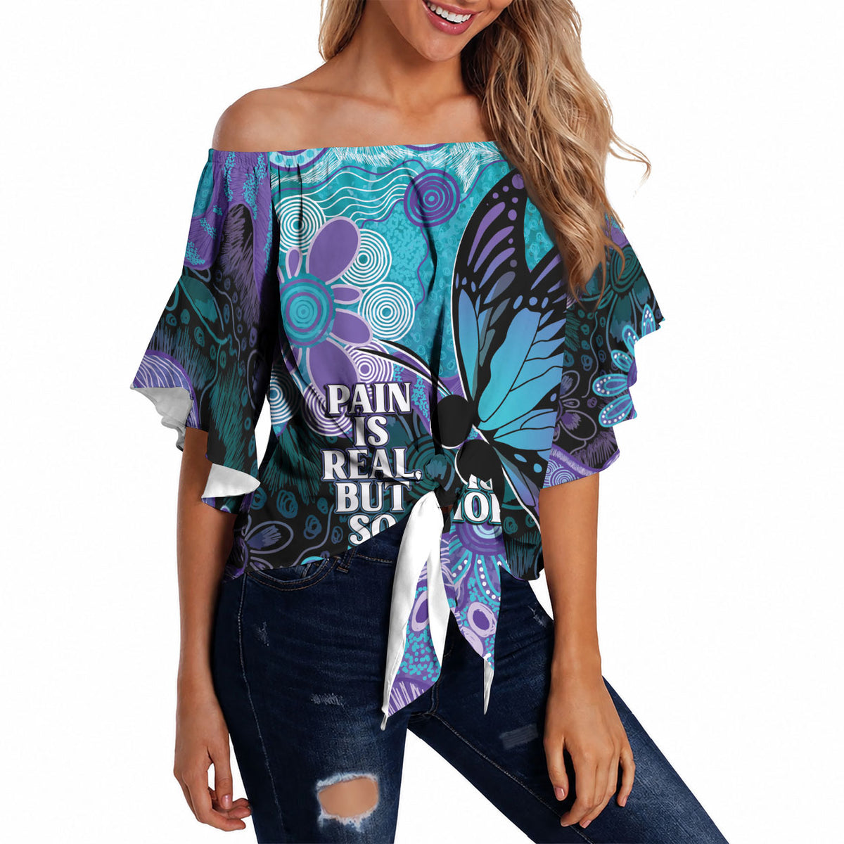 Australia Indigenous Teal Purple Contemporary Aboriginal Art Off Shoulder Wrap Waist Top Hope Is Real