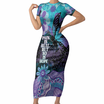 Australia Indigenous Teal Purple Contemporary Aboriginal Art Short Sleeve Bodycon Dress Hope Is Real