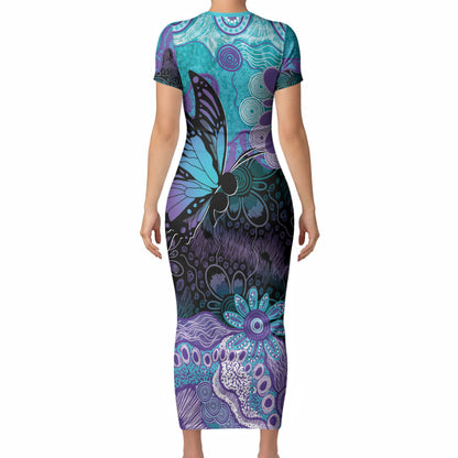Australia Indigenous Teal Purple Contemporary Aboriginal Art Short Sleeve Bodycon Dress Hope Is Real