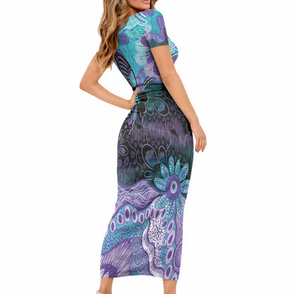 Australia Indigenous Teal Purple Contemporary Aboriginal Art Short Sleeve Bodycon Dress Hope Is Real