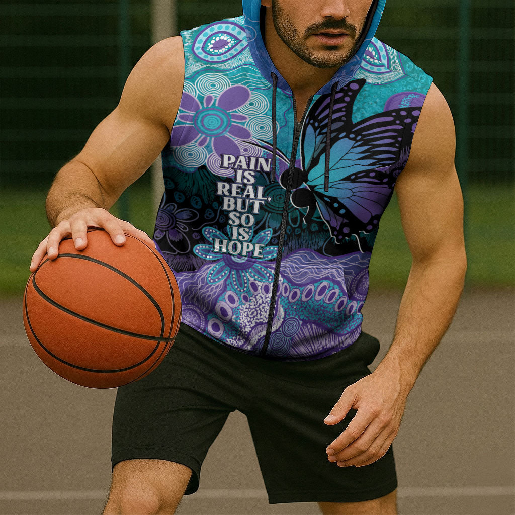 Australia Indigenous Teal Purple Contemporary Aboriginal Art Sleeveless Zip Hoodie Hope Is Real