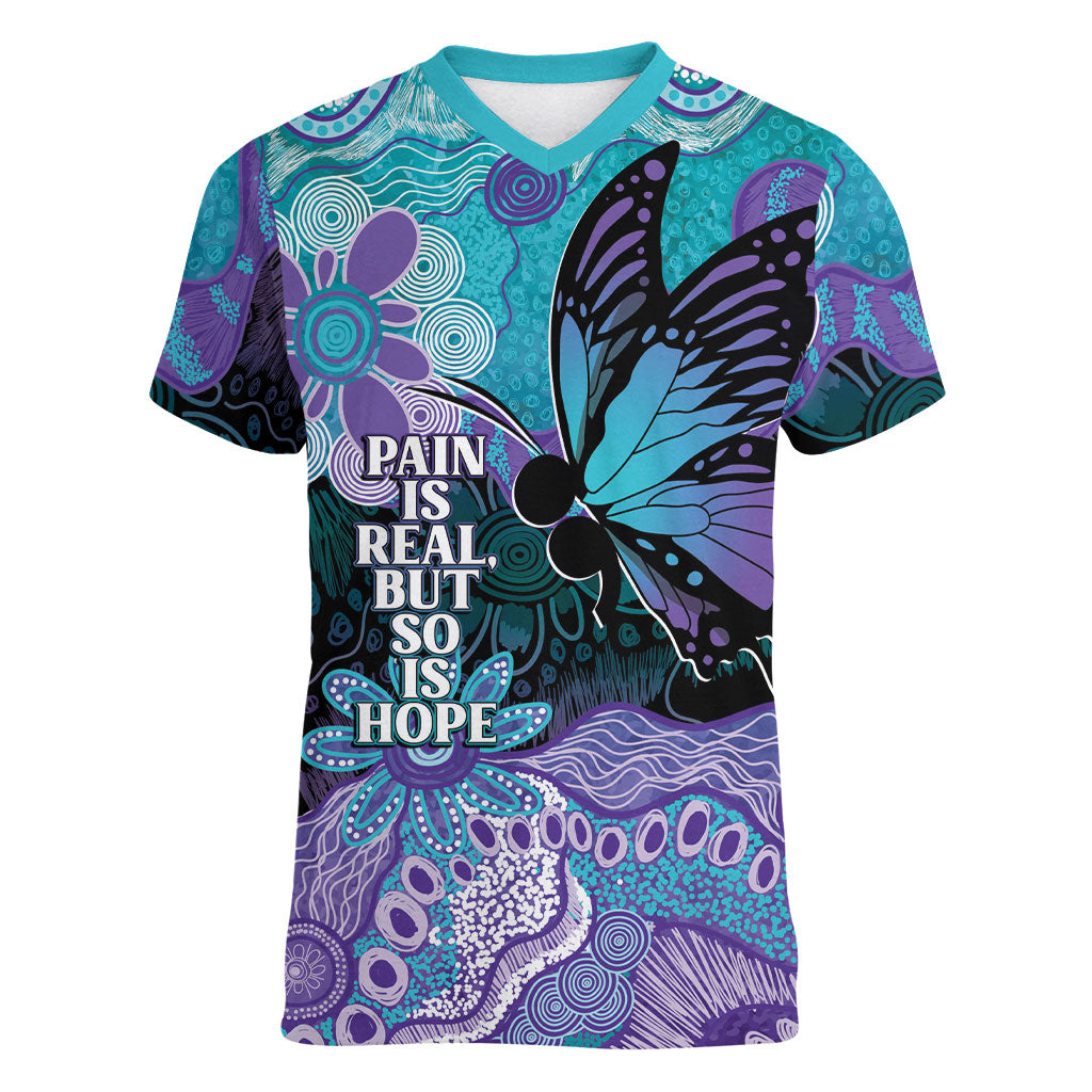 Australia Indigenous Teal Purple Contemporary Aboriginal Art Women V-Neck T-Shirt Hope Is Real