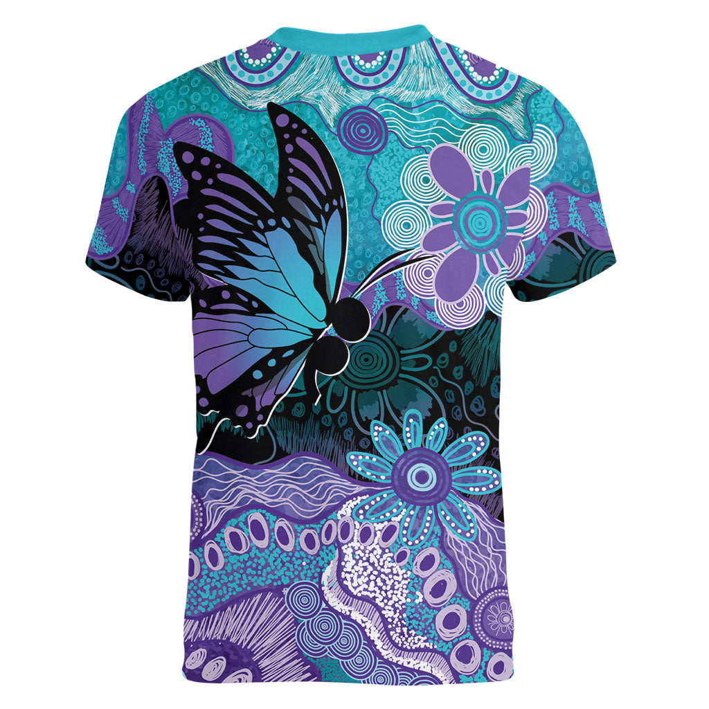 Australia Indigenous Teal Purple Contemporary Aboriginal Art Women V-Neck T-Shirt Hope Is Real
