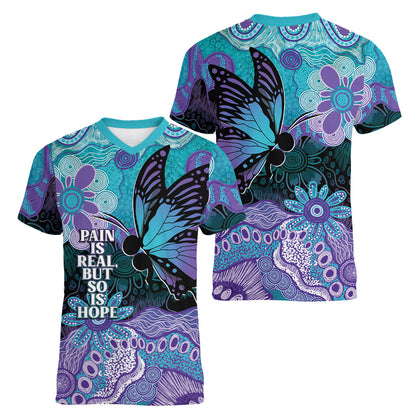 Australia Indigenous Teal Purple Contemporary Aboriginal Art Women V-Neck T-Shirt Hope Is Real