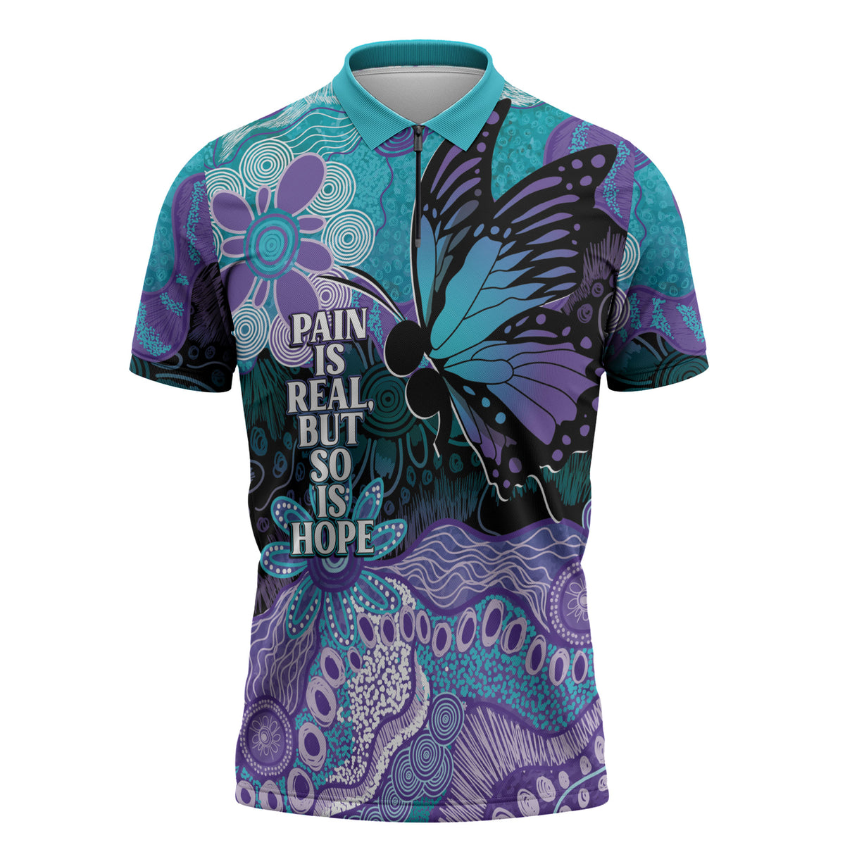 Australia Indigenous Teal Purple Contemporary Aboriginal Art Zipper Polo Shirt Hope Is Real