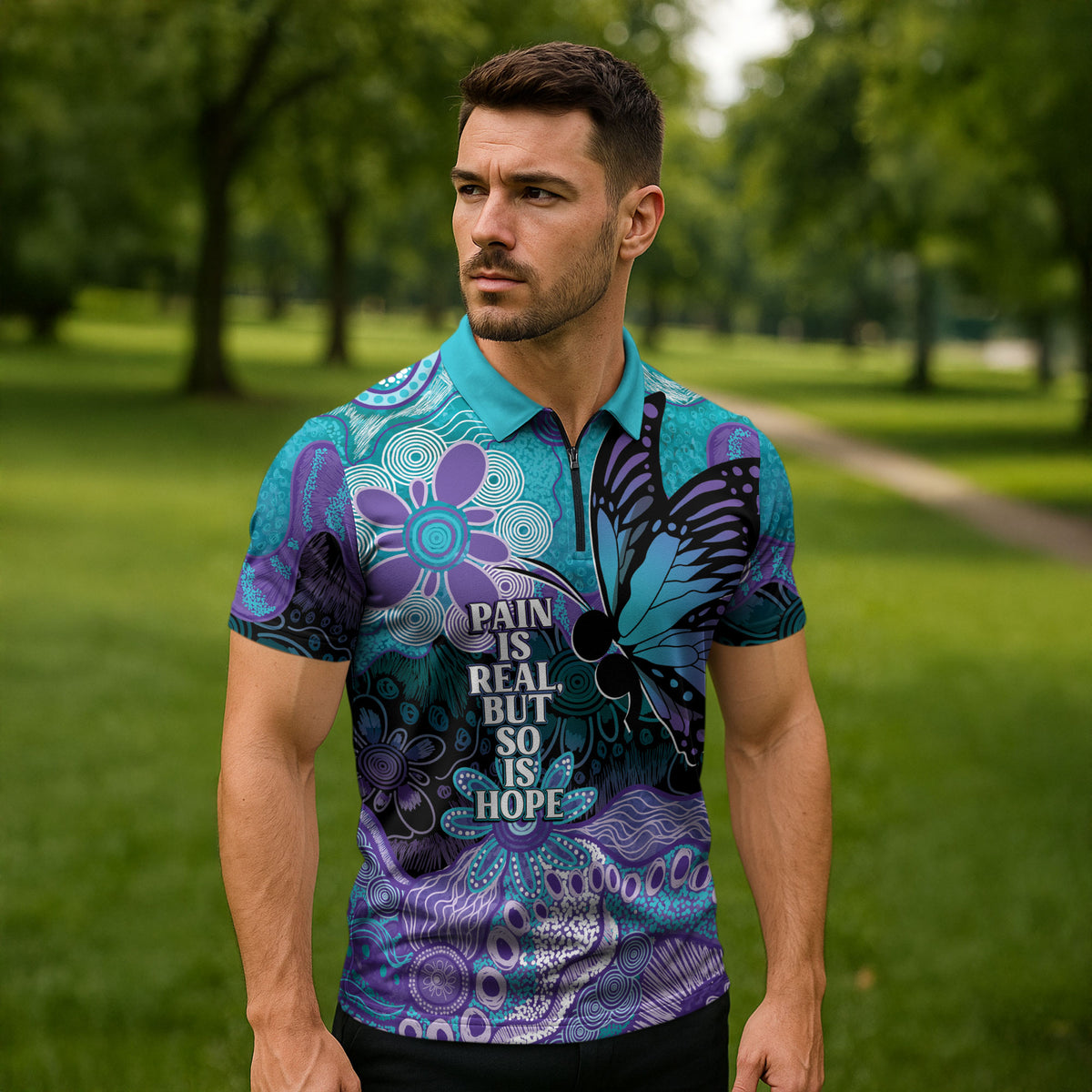 Australia Indigenous Teal Purple Contemporary Aboriginal Art Zipper Polo Shirt Hope Is Real