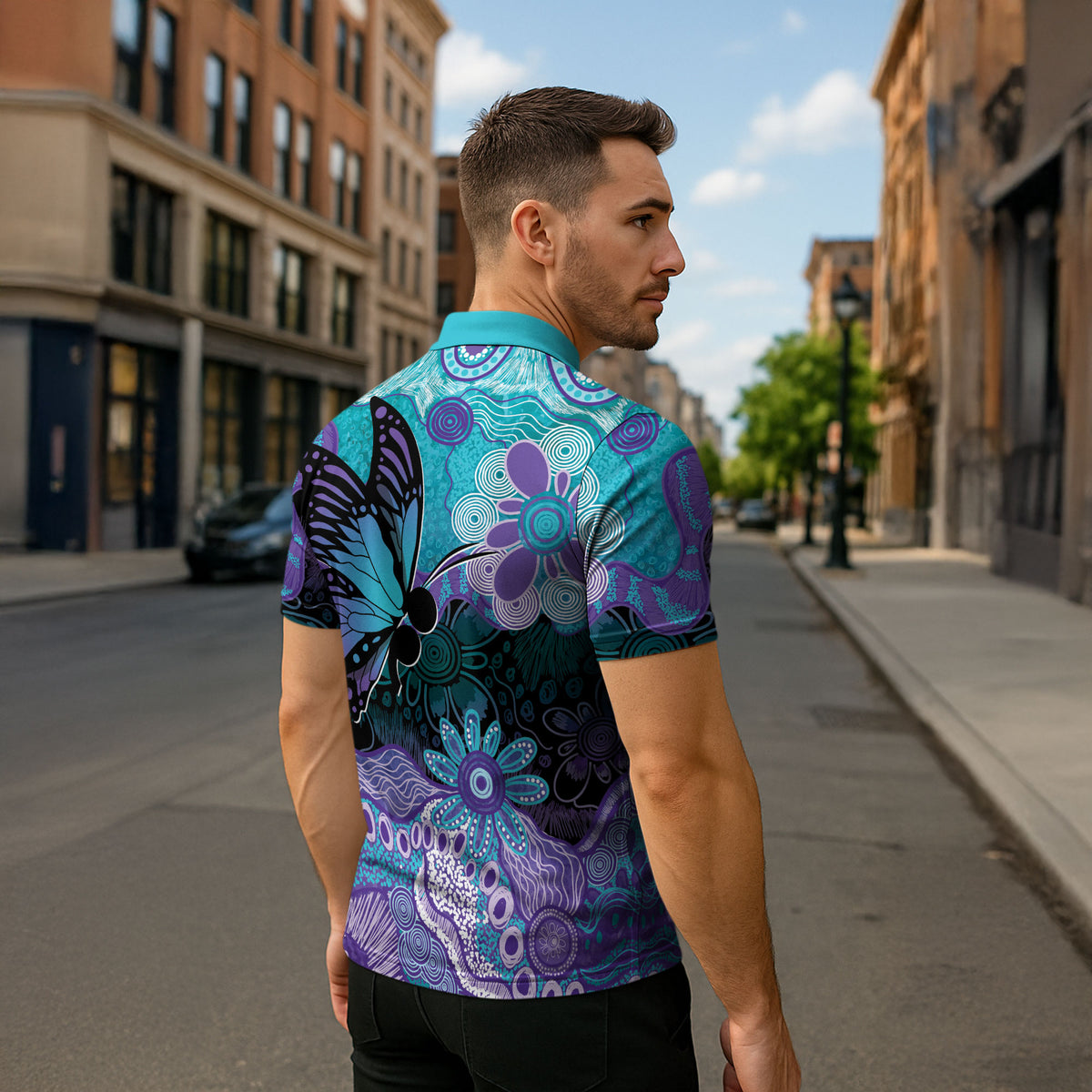 Australia Indigenous Teal Purple Contemporary Aboriginal Art Zipper Polo Shirt Hope Is Real