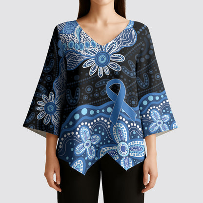 Prostate Cancer Month Aussie Indigenous Kimono Sleeve Blouse Blue Ribbon Aboriginal Arts