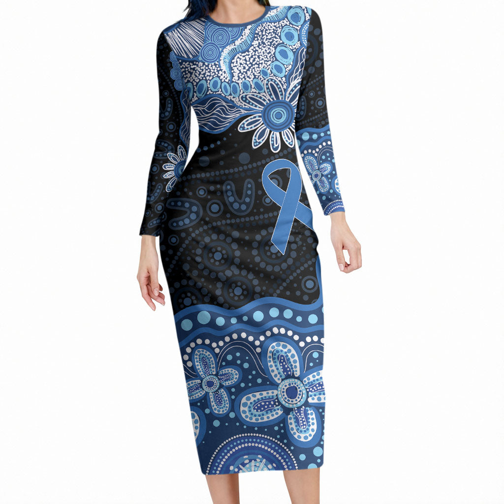 Prostate Cancer Month Aussie Indigenous Long Sleeve Bodycon Dress Blue Ribbon Aboriginal Arts