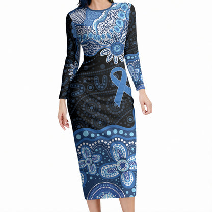 Prostate Cancer Month Aussie Indigenous Long Sleeve Bodycon Dress Blue Ribbon Aboriginal Arts