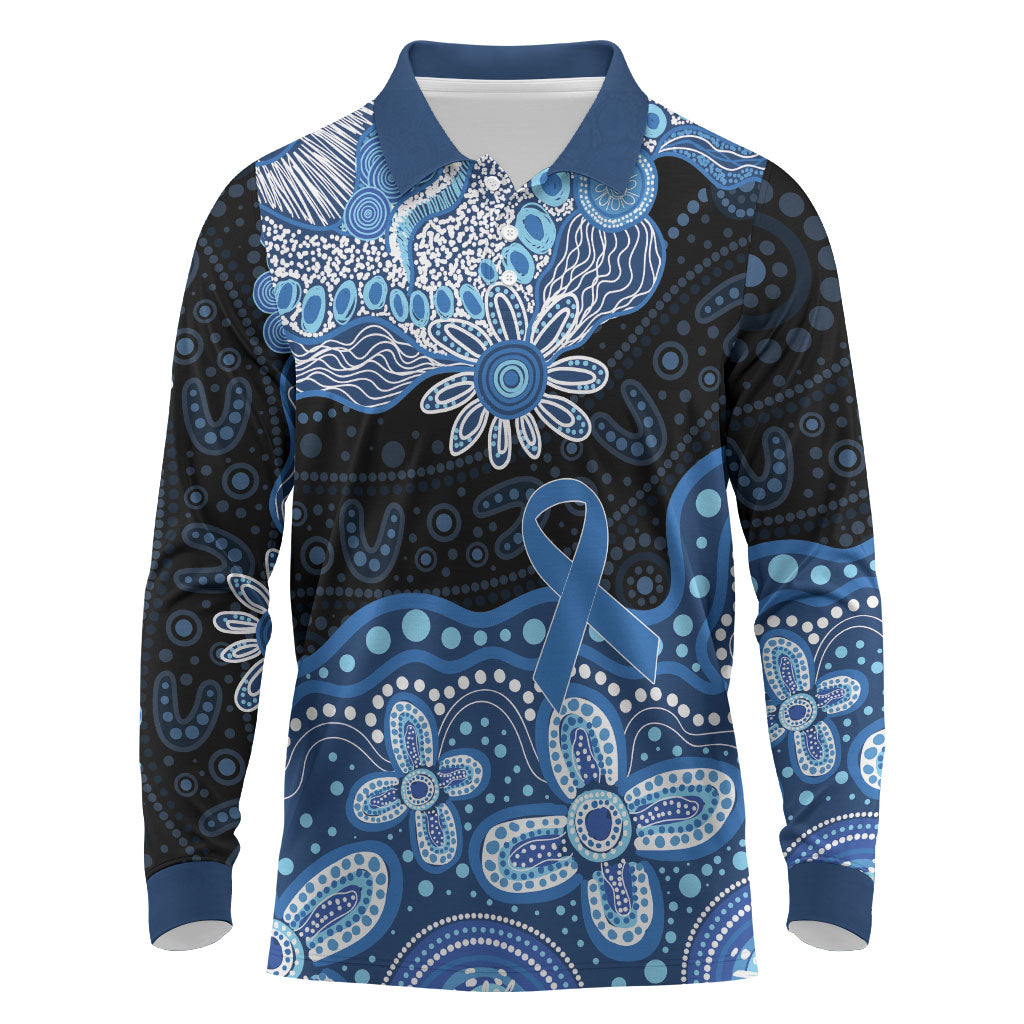 Prostate Cancer Month Aussie Indigenous Long Sleeve Polo Shirt Blue Ribbon Aboriginal Arts