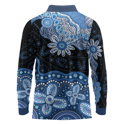 Prostate Cancer Month Aussie Indigenous Long Sleeve Polo Shirt Blue Ribbon Aboriginal Arts