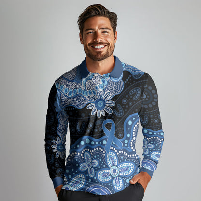Prostate Cancer Month Aussie Indigenous Long Sleeve Polo Shirt Blue Ribbon Aboriginal Arts