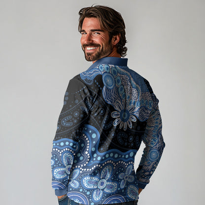 Prostate Cancer Month Aussie Indigenous Long Sleeve Polo Shirt Blue Ribbon Aboriginal Arts