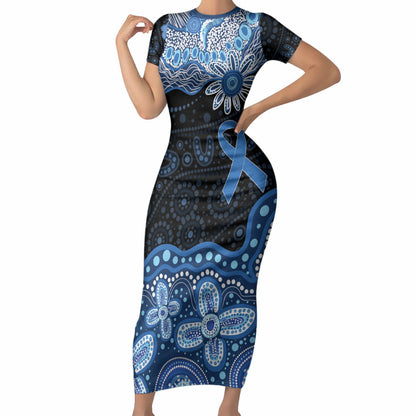 Prostate Cancer Month Aussie Indigenous Short Sleeve Bodycon Dress Blue Ribbon Aboriginal Arts