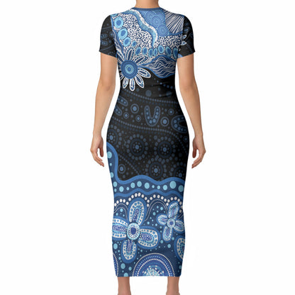 Prostate Cancer Month Aussie Indigenous Short Sleeve Bodycon Dress Blue Ribbon Aboriginal Arts