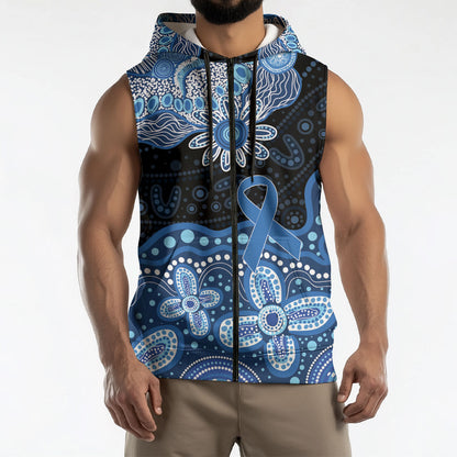 Prostate Cancer Month Aussie Indigenous Sleeveless Zip Hoodie Blue Ribbon Aboriginal Arts