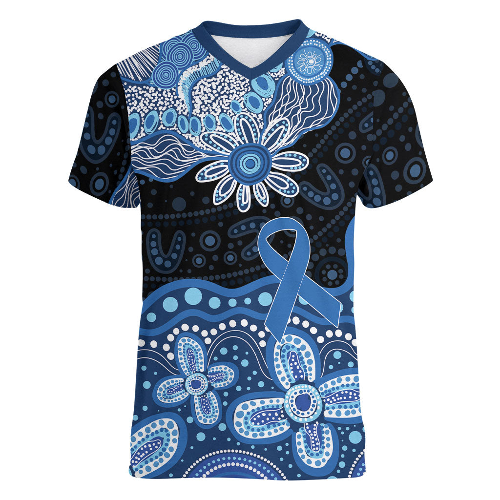 Prostate Cancer Month Aussie Indigenous Women V-Neck T-Shirt Blue Ribbon Aboriginal Arts