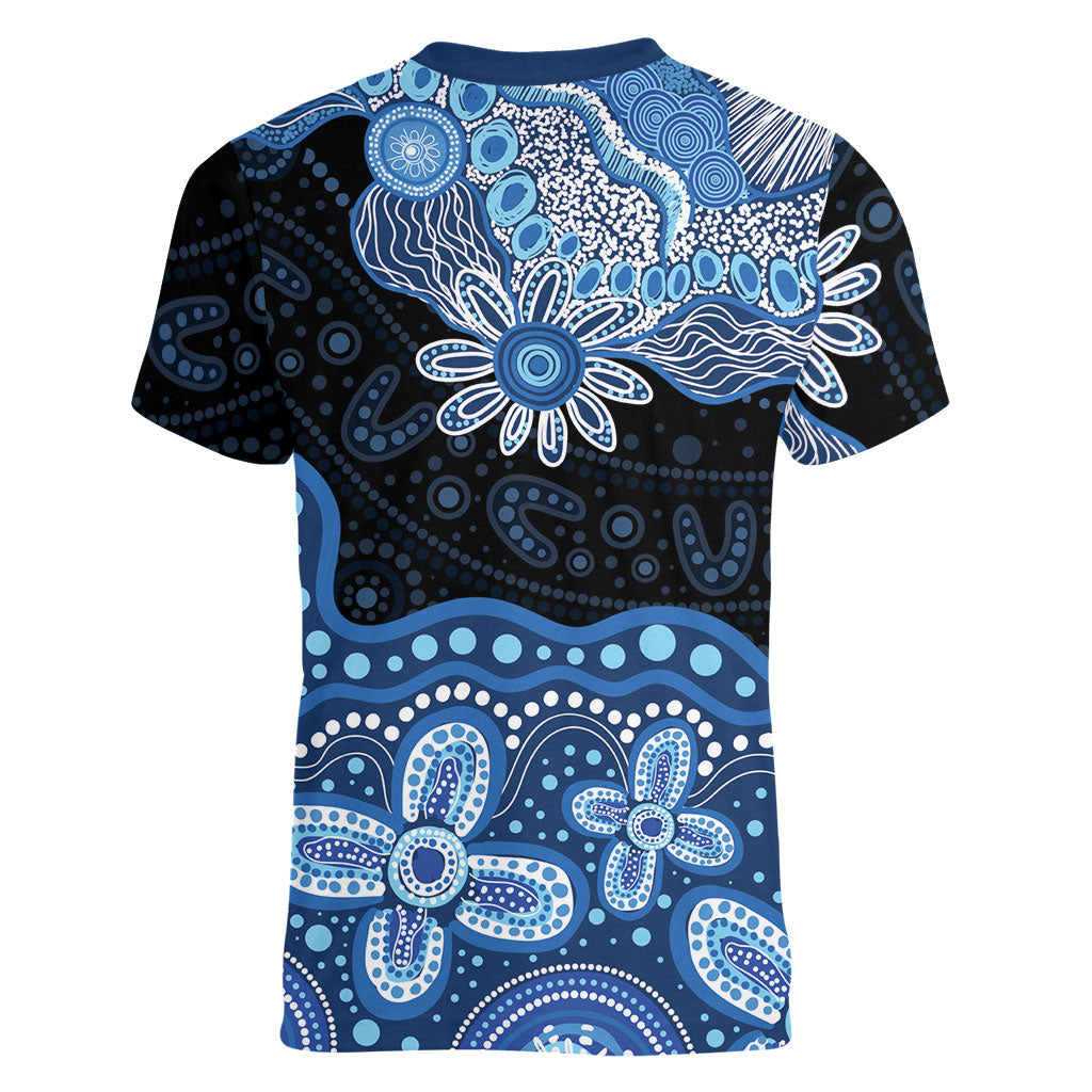 Prostate Cancer Month Aussie Indigenous Women V-Neck T-Shirt Blue Ribbon Aboriginal Arts
