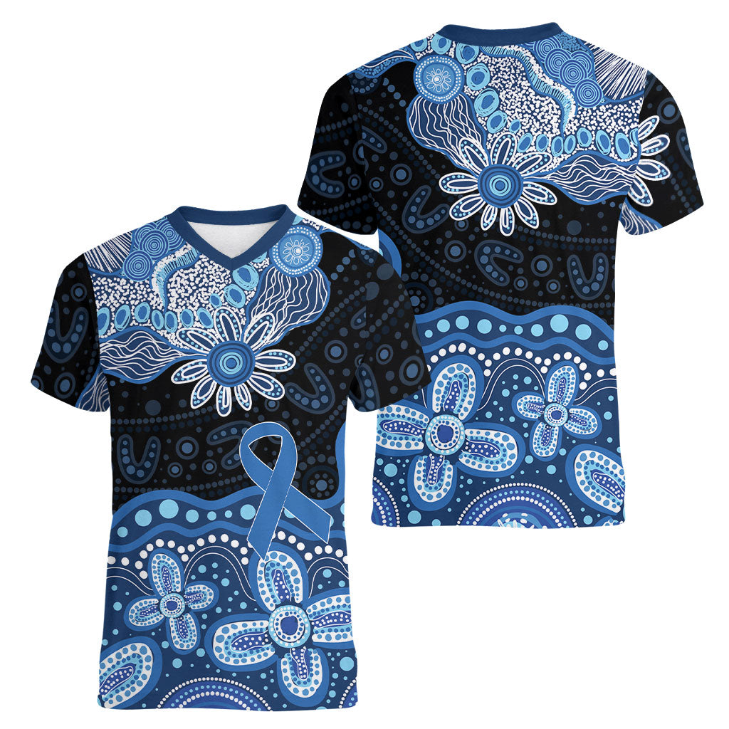 Prostate Cancer Month Aussie Indigenous Women V-Neck T-Shirt Blue Ribbon Aboriginal Arts
