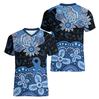 Prostate Cancer Month Aussie Indigenous Women V-Neck T-Shirt Blue Ribbon Aboriginal Arts