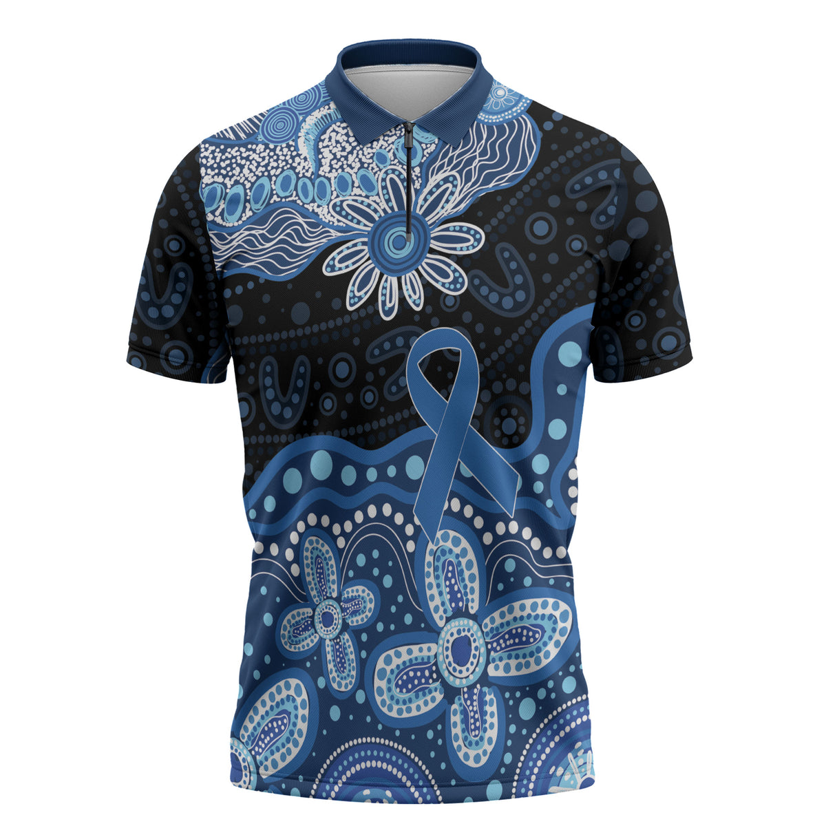 Prostate Cancer Month Aussie Indigenous Zipper Polo Shirt Blue Ribbon Aboriginal Arts