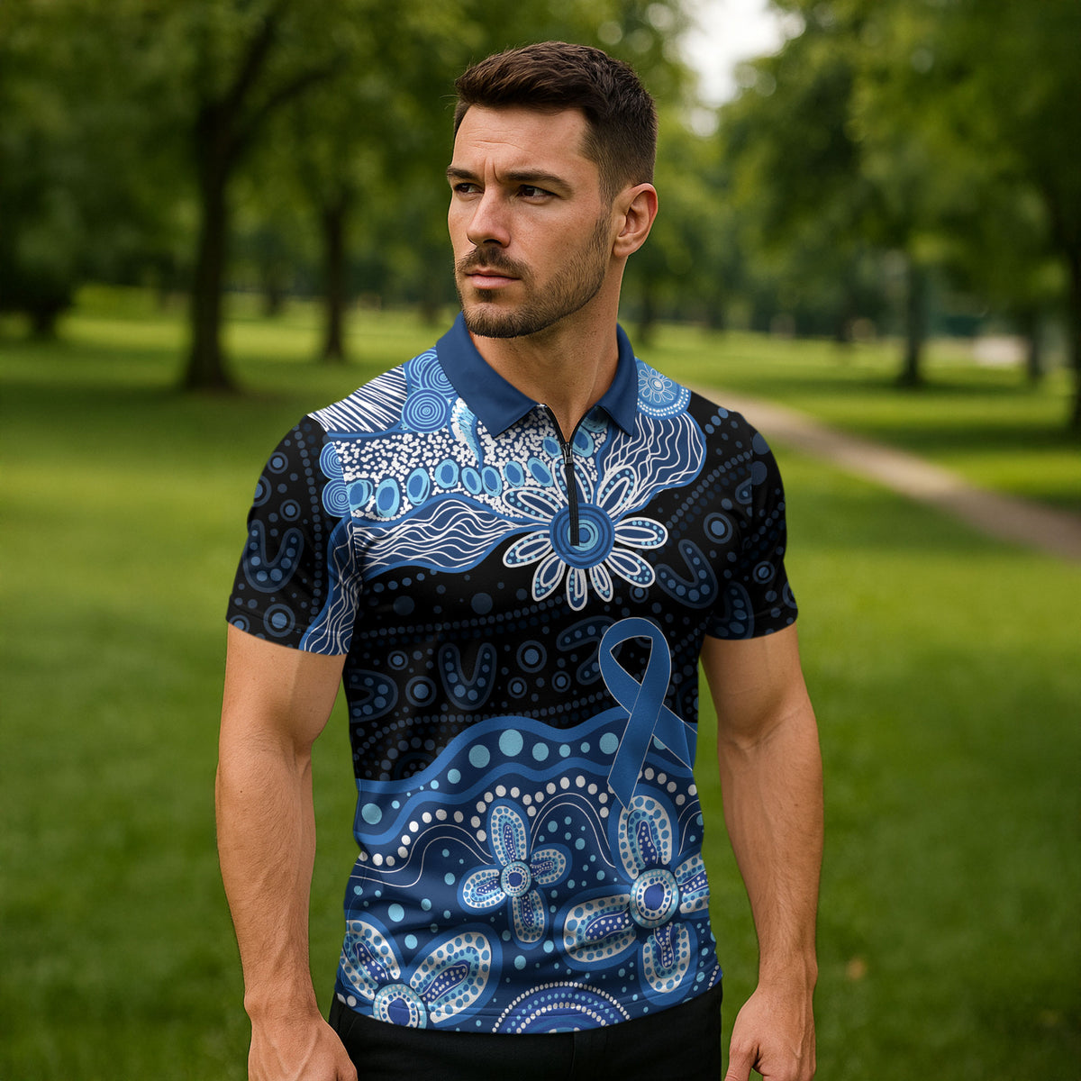 Prostate Cancer Month Aussie Indigenous Zipper Polo Shirt Blue Ribbon Aboriginal Arts