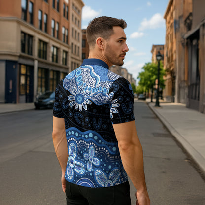 Prostate Cancer Month Aussie Indigenous Zipper Polo Shirt Blue Ribbon Aboriginal Arts