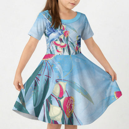Australia Blue Budgie Marble Glaze Kid Short Sleeve Dress Cancer Prevention