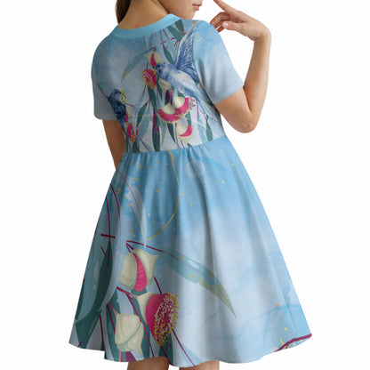 Australia Blue Budgie Marble Glaze Kid Short Sleeve Dress Cancer Prevention