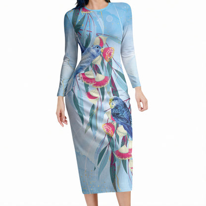 Australia Blue Budgie Marble Glaze Long Sleeve Bodycon Dress Cancer Prevention