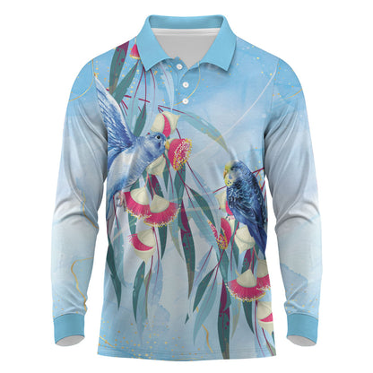 Australia Blue Budgie Marble Glaze Long Sleeve Polo Shirt Cancer Prevention