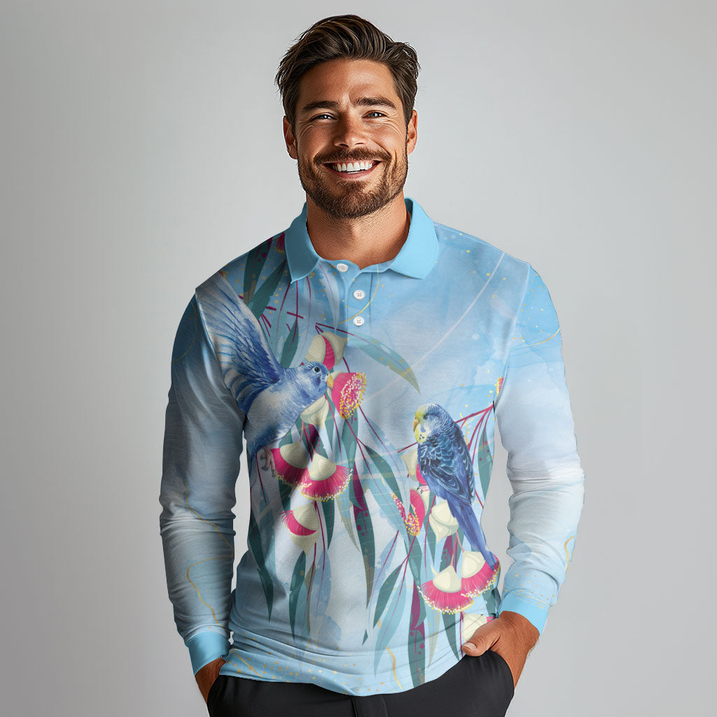 Australia Blue Budgie Marble Glaze Long Sleeve Polo Shirt Cancer Prevention