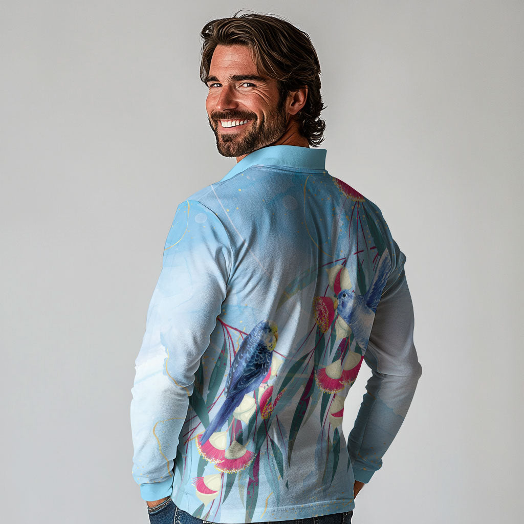 Australia Blue Budgie Marble Glaze Long Sleeve Polo Shirt Cancer Prevention