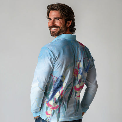 Australia Blue Budgie Marble Glaze Long Sleeve Polo Shirt Cancer Prevention