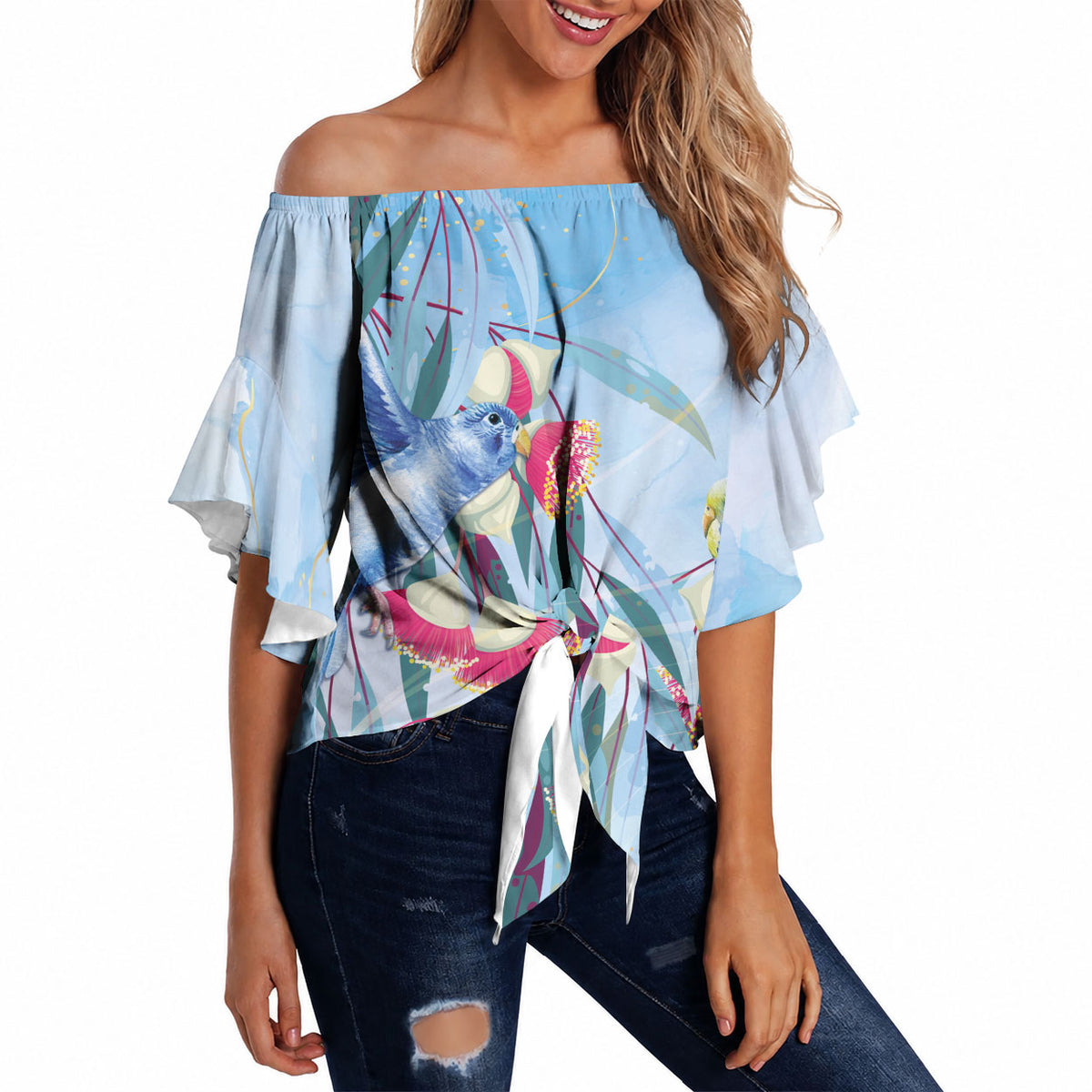 Australia Blue Budgie Marble Glaze Off Shoulder Wrap Waist Top Cancer Prevention