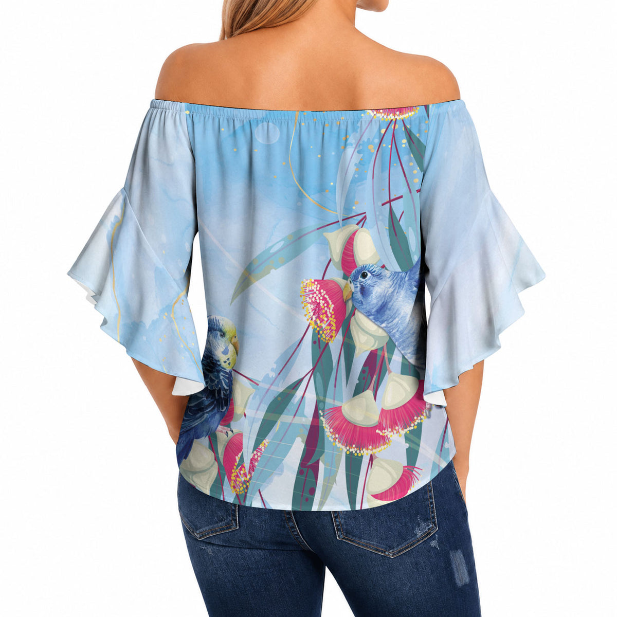 Australia Blue Budgie Marble Glaze Off Shoulder Wrap Waist Top Cancer Prevention