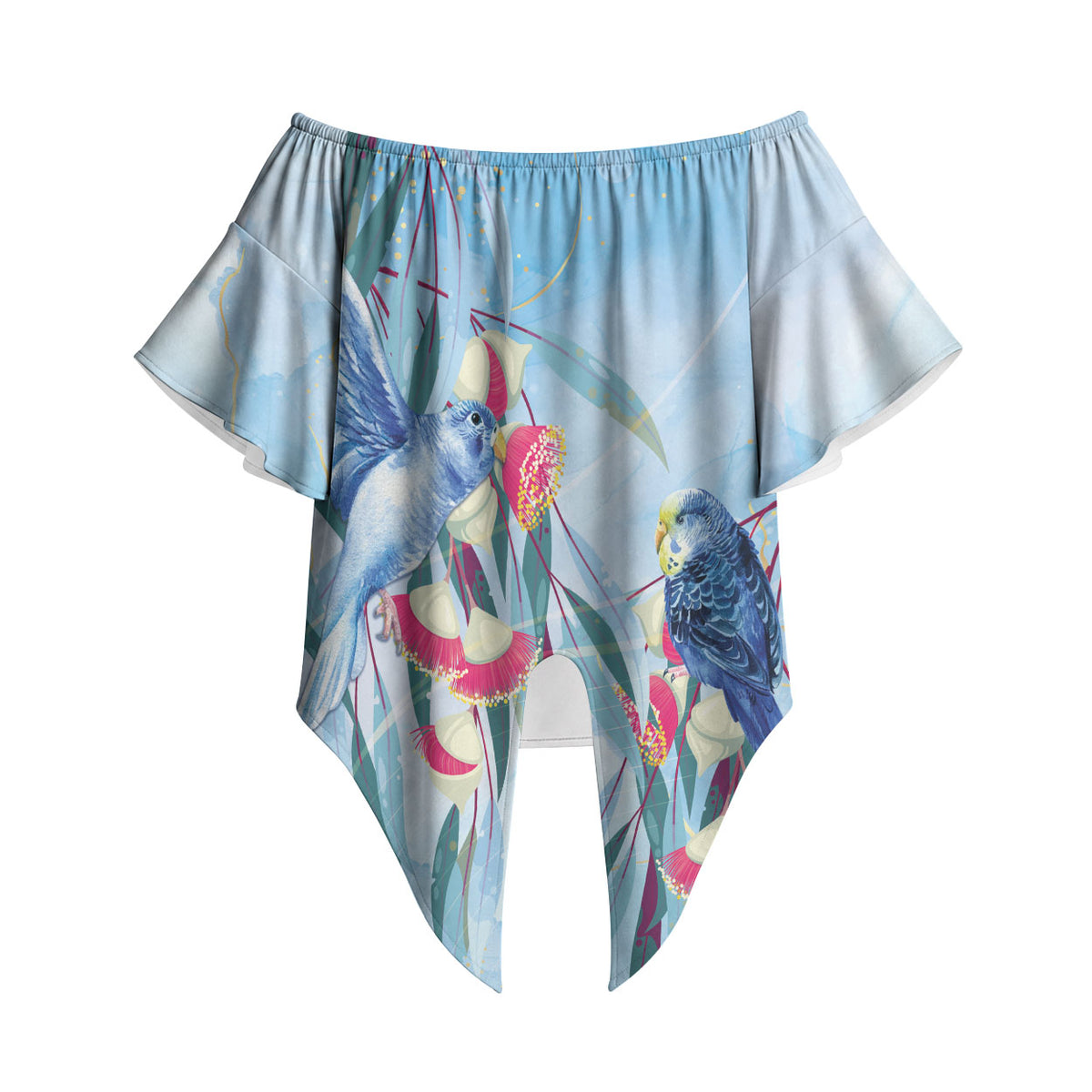 Australia Blue Budgie Marble Glaze Off Shoulder Wrap Waist Top Cancer Prevention