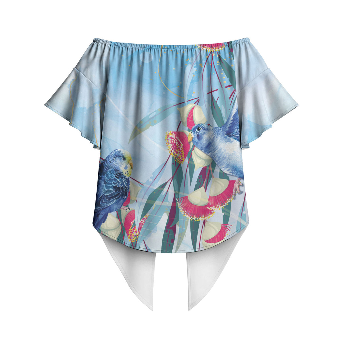 Australia Blue Budgie Marble Glaze Off Shoulder Wrap Waist Top Cancer Prevention