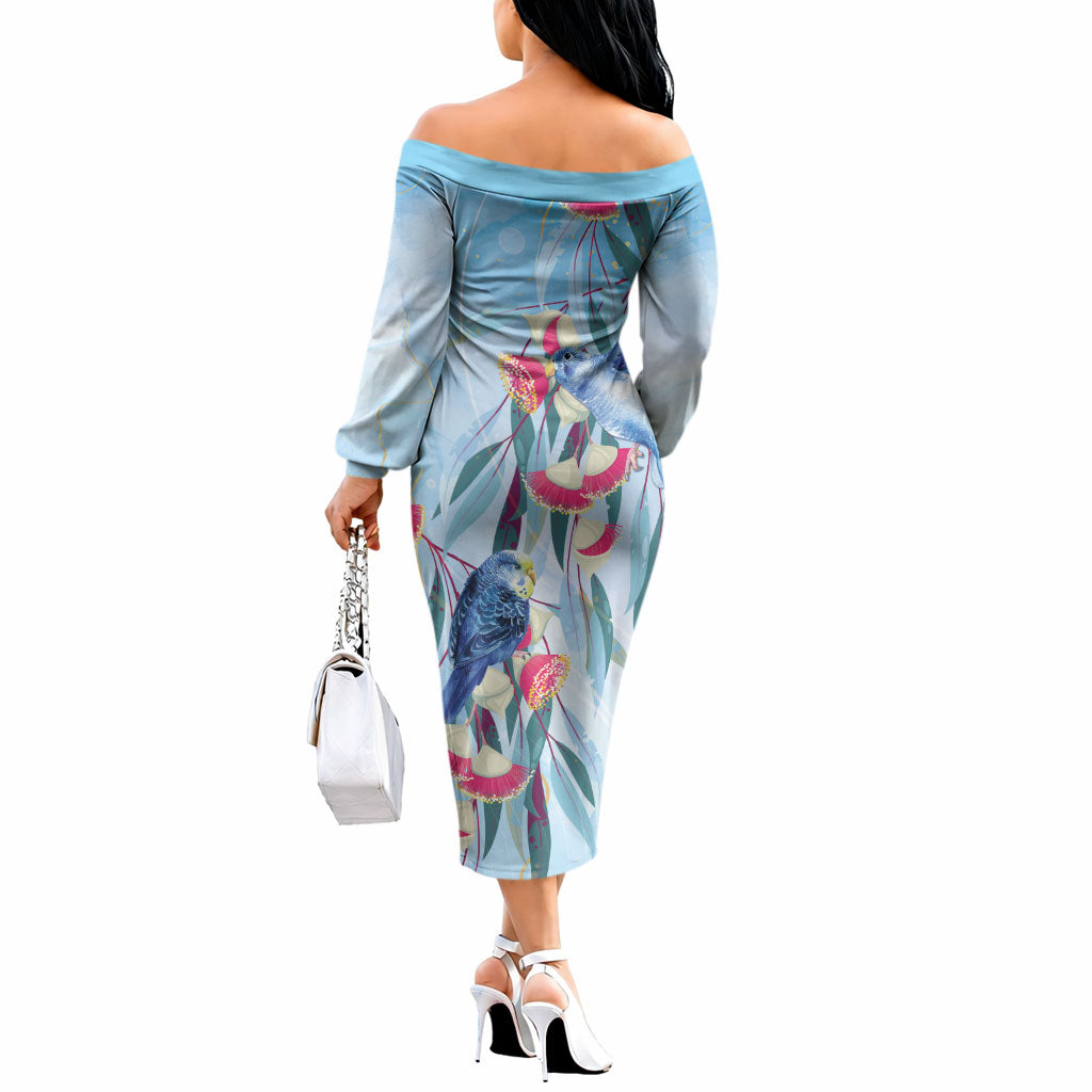Australia Blue Budgie Marble Glaze Off The Shoulder Long Sleeve Dress Cancer Prevention