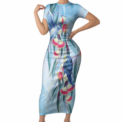 Australia Blue Budgie Marble Glaze Short Sleeve Bodycon Dress Cancer Prevention